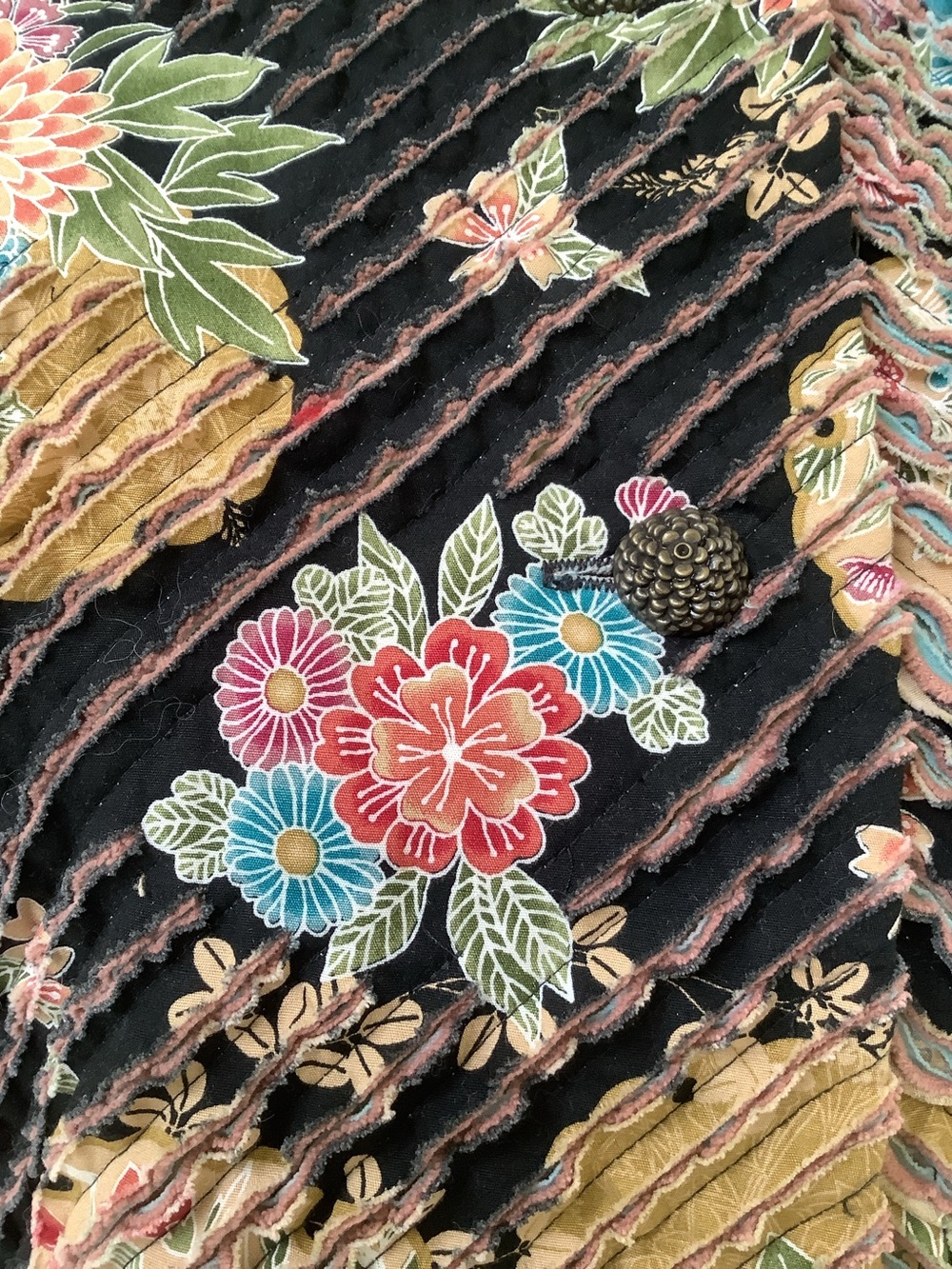 Handmade Jacket-Ruffle Texture-Black Multicolor Floral Pattern-L/XL-Unique!! - Picture 2 of 8